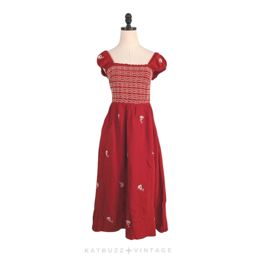 Entro Smocked Midi Dress M Orange Floral Embroidered Boho Gauze Milkmaid Cream